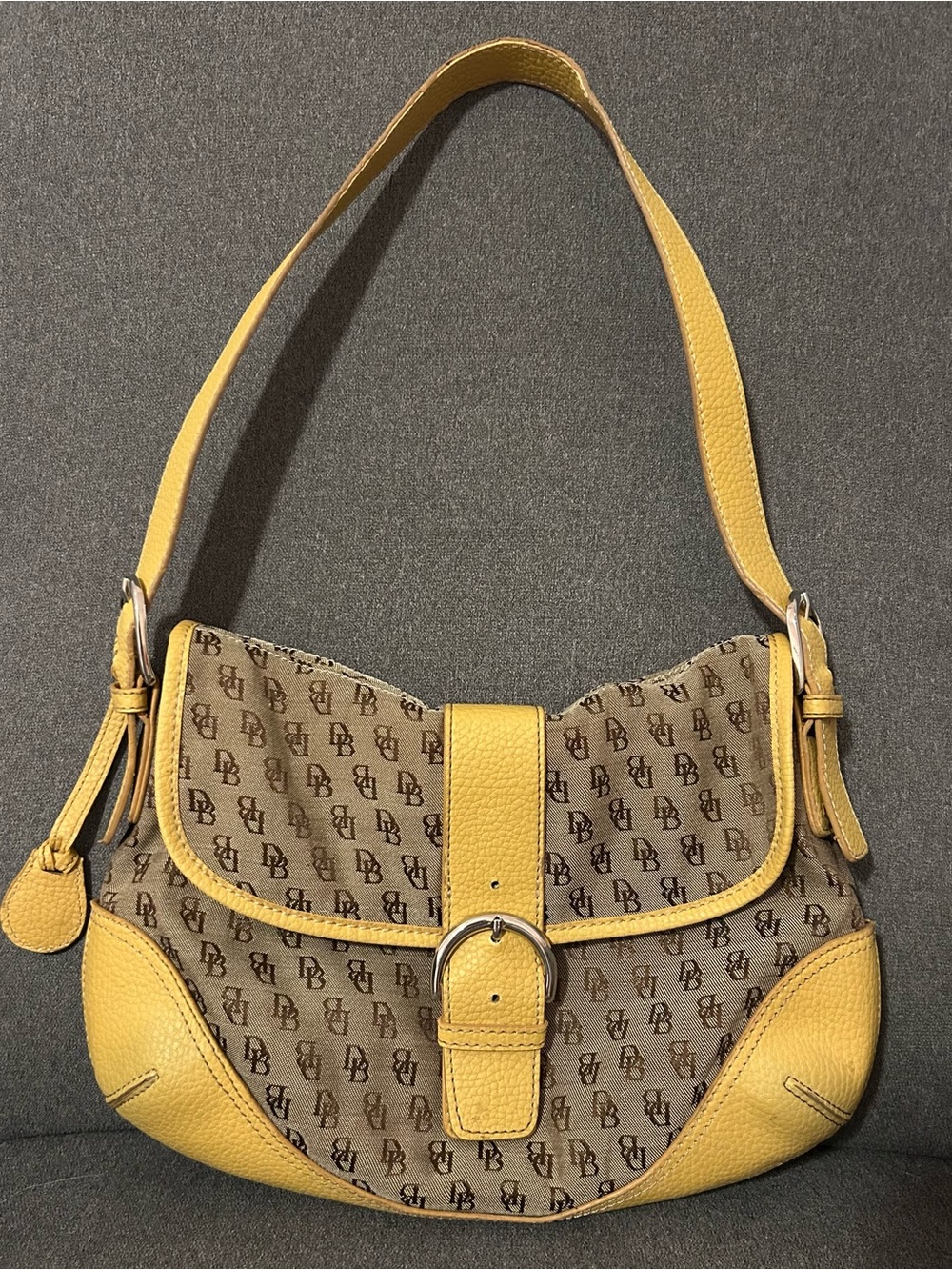Vintage Dooney & Bourke Monogram Canvas Flap Shoulder Bag Yellow Trim Y2K